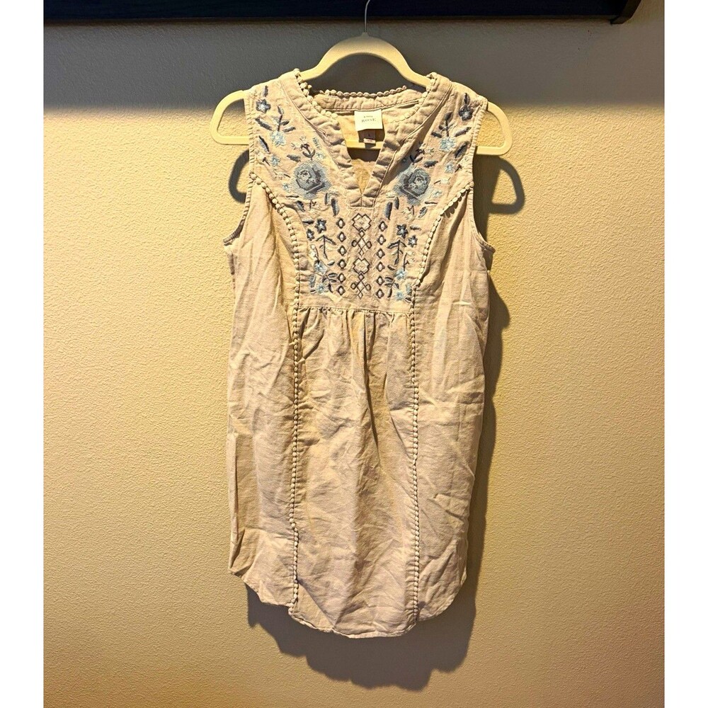 Knox Rose Beige Blue Floral Embroidered V-Neck Sundress Pom Pom Knee Size L